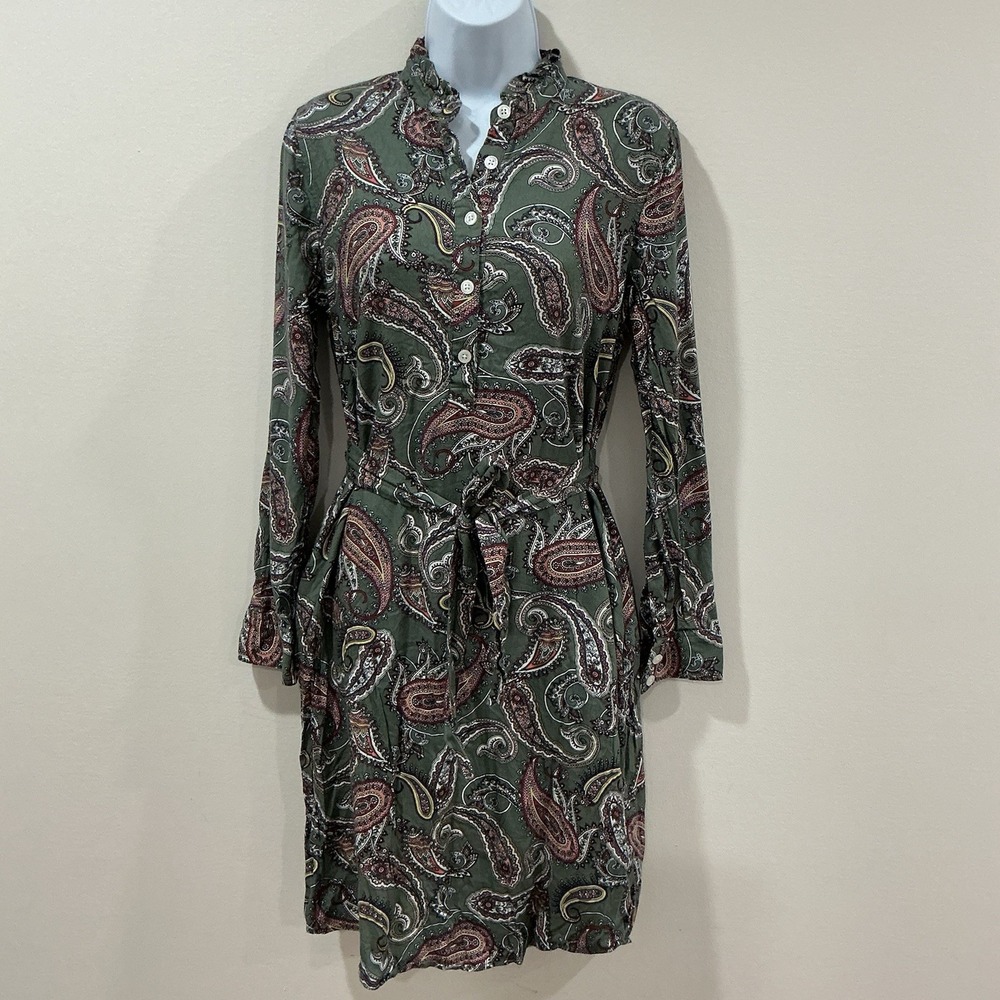 Vintage Lands' End Long Sleeve Paisley Shirt Dress Size 4 Button Front